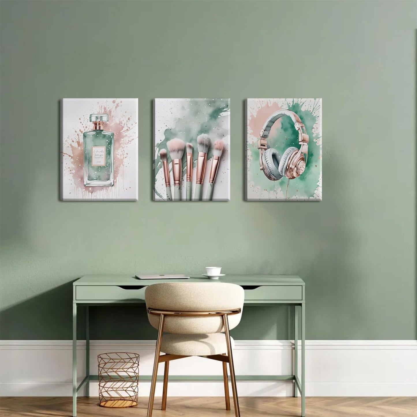 Skiennix Fashion Makeup Canvas Wall Art Set - Trendy Pink & Sage Green Decor for Teen Girls | 12x16 Inch Framed