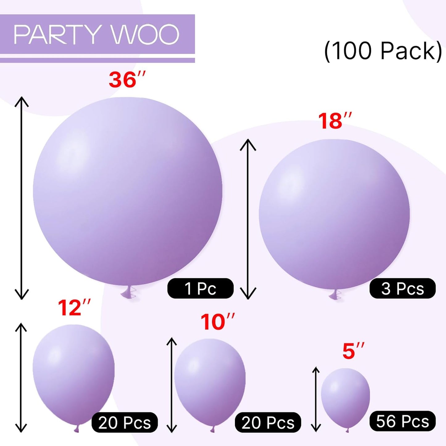 PartyWoo Pastel Purple Balloons - 100-Piece Pack | 5-18 Inch Sizes for Baby Shower & Birthday Decor