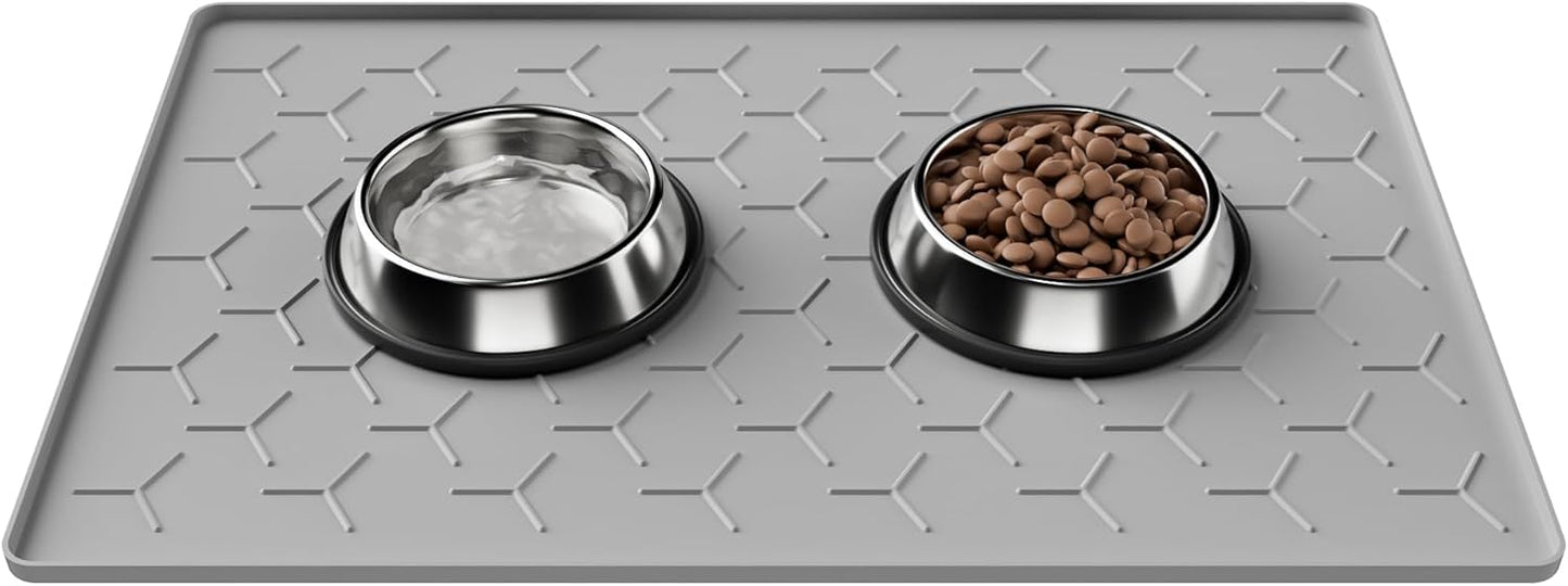 Pieviev Dog & Cat Food Bowl Mat - Waterproof Silicone, Non-Slip Design, 24''x16'', Light Gray