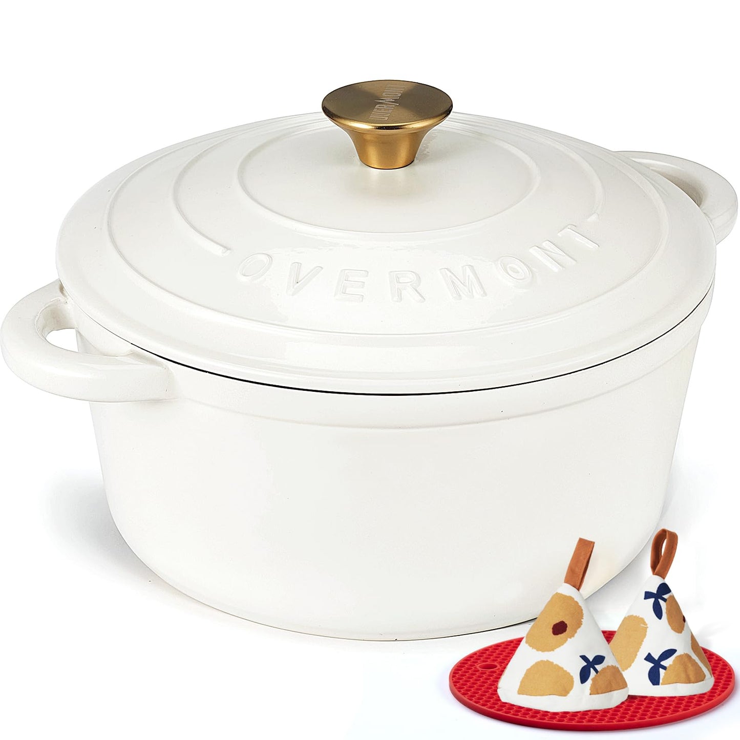 Overmont Enameled Cast Iron Dutch Oven - 5.5QT Pot with Lid Cookbook & Cotton Potholders - Heavy-Duty Cookware for Braising, Stews, Roasting, Sourdough Baking Pearl White
