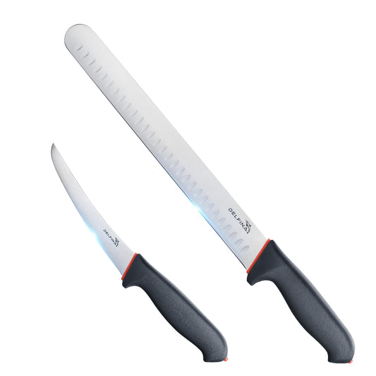 DELFINA Professional 2 Piece BBQ & Butcher Knife Set, Japanese Style Premium Stainless Steel Chef Knife Set W/SoftGrip Handle, Multi-Purpose Slicing & Boning Knife Set for Kitchen Home Restaurant
