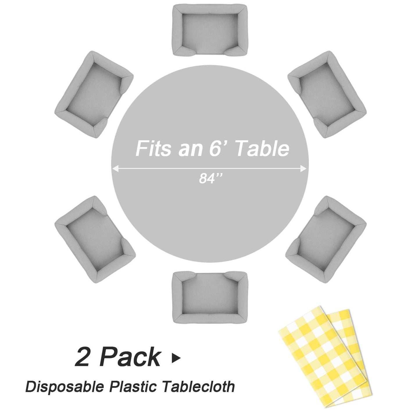 QIKSION Yellow Gingham Round Tablecloth 2 Pack, 84 Inch Plastic Checkered Table Cover Disposable for Parties