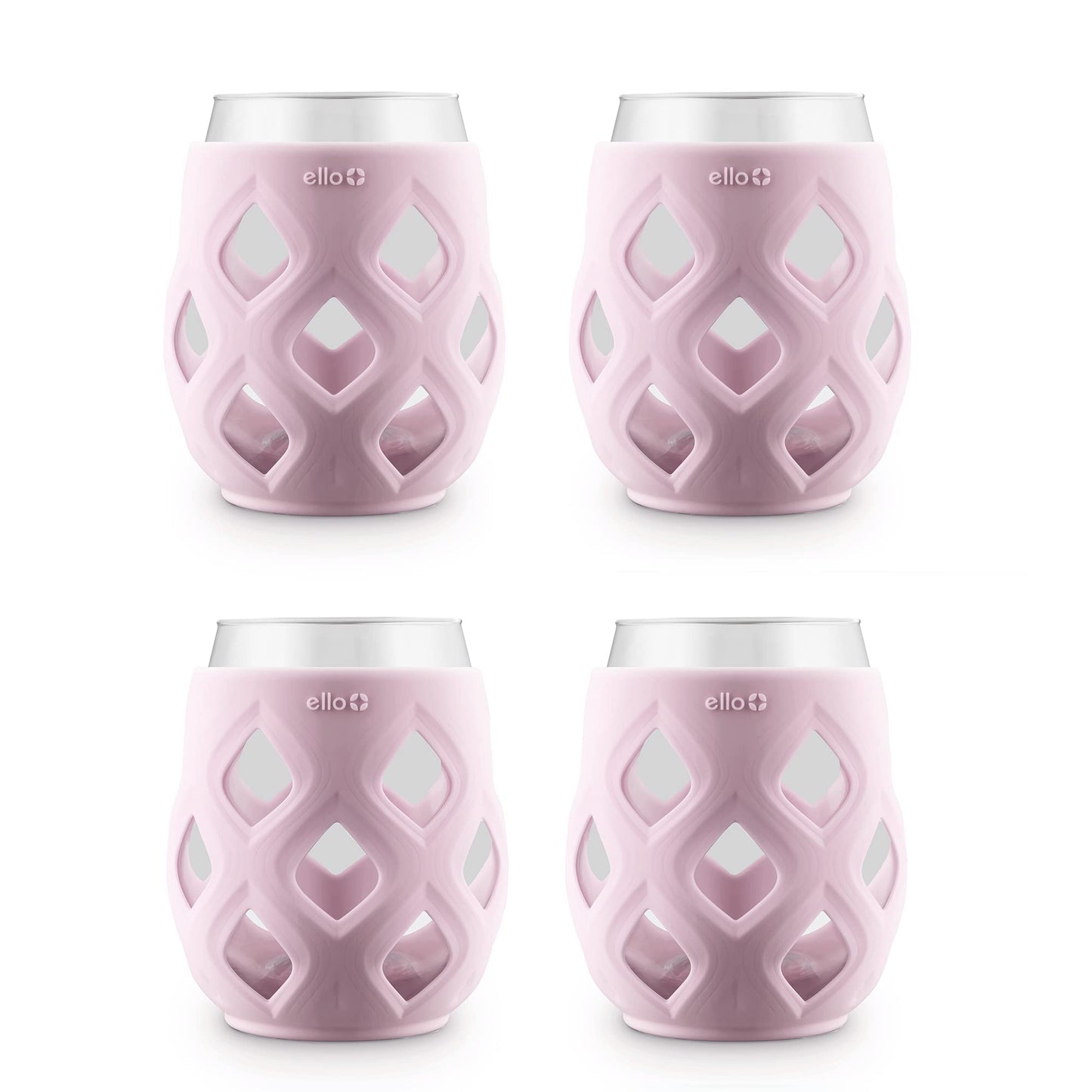 Ello Cru 17oz Stemless Wine Glass Set with Protective Silicone Sleeves, 4 Pack Cocktail Glass Perfect for Summer Patios and Parties Holiday Gifting Her Him Mother's Day, Dishwasher Safe, Cashmere Pink