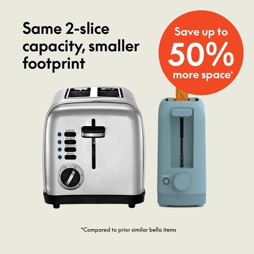 Bella 2 Slice Slim Toaster - 6 Setting Shade Control & Reheat Function - 10” Long Slot, Surf Color