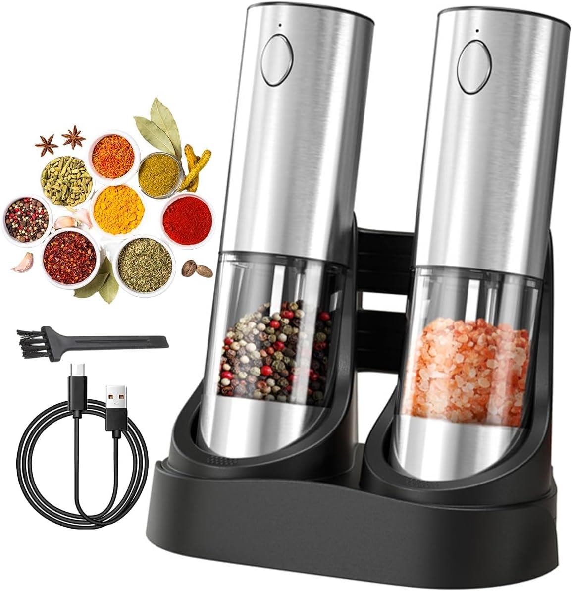 Skiennix Electric Salt and Pepper Grinder Set - Rechargeable Stainless Steel Mills with LED Light & Adjustable Coarseness
