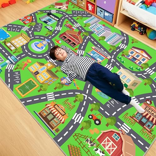 Kids Playroom Rug 7x9 ft Town & City Road Map Play Mat - Soft, Non-Slip, Educational