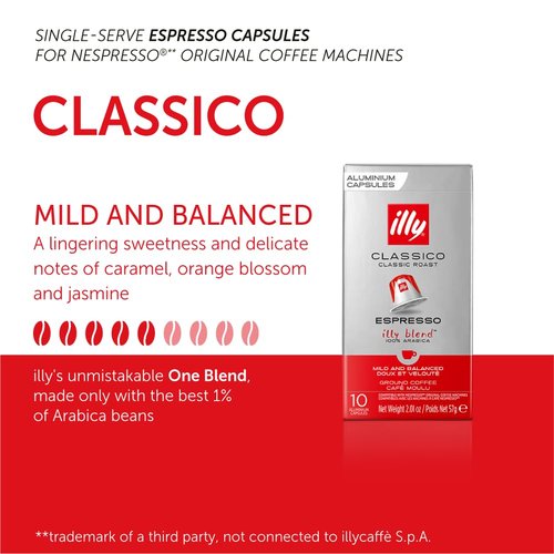 Illy Espresso Capsules - Classico Roast Coffee Pods With Caramel & Jasmine Notes - 10 Count