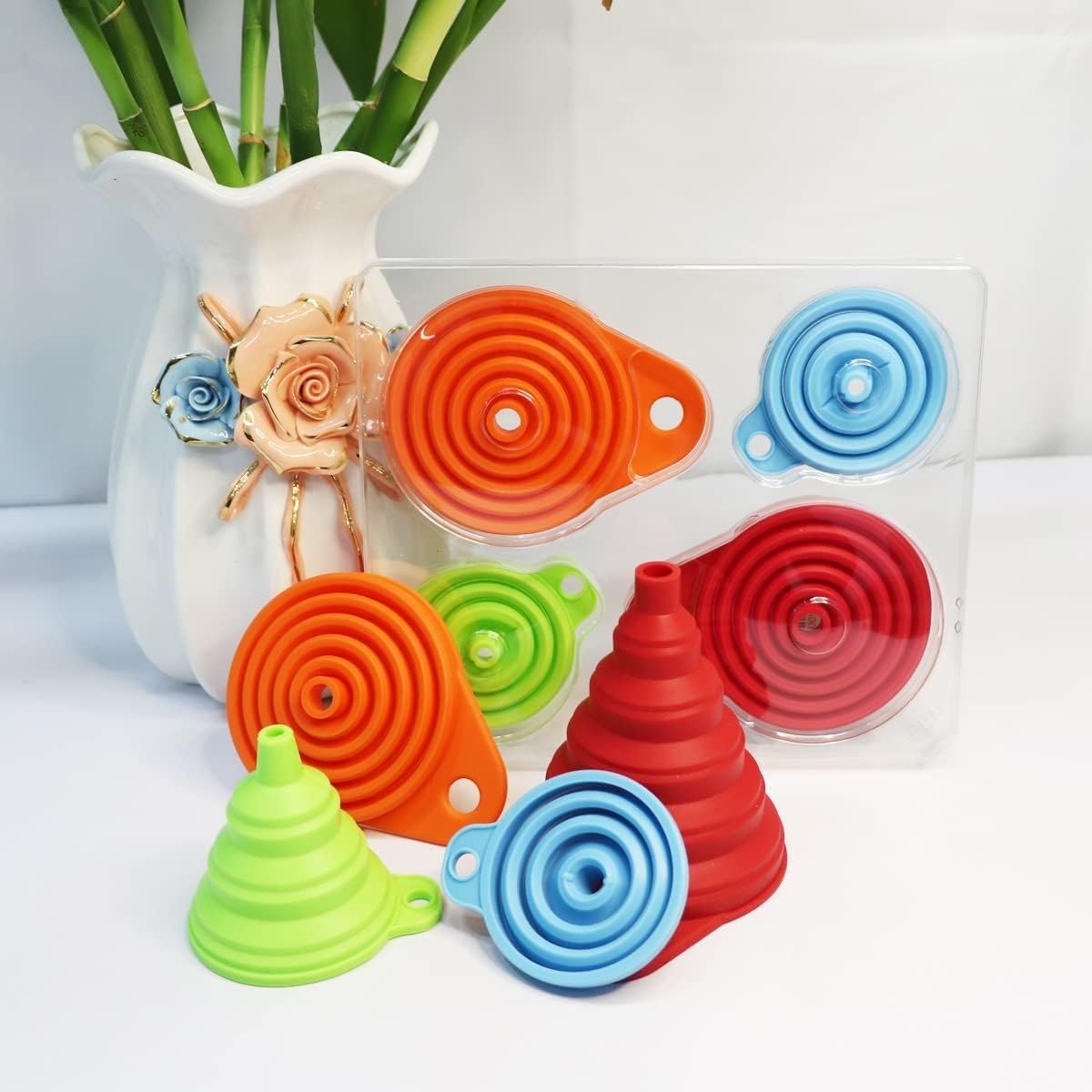 Skiennix Kitchen Funnel Set - 4 Pack of Foldable Silicone Collapsible Funnels for Easy Liquid Transfer