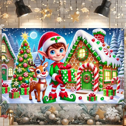 Merry Christmas Banner 71 x 43 in - Reindeer Elf Village Backdrop for Holiday Decor