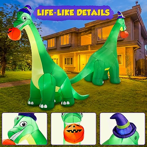 Giant Halloween Dinosaur Inflatable Decoration with LED Lights - 13Ft Yard Blow Up with Pumpkin & Witch Hat for Outdoor & Indoor Holiday Parties