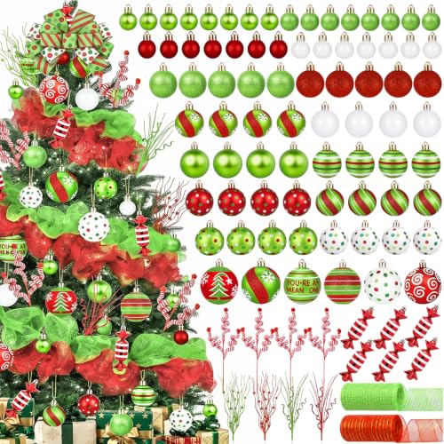 94Pcs Red Green White Christmas Ornament Set with Glitter Berry Stems & Ribbons