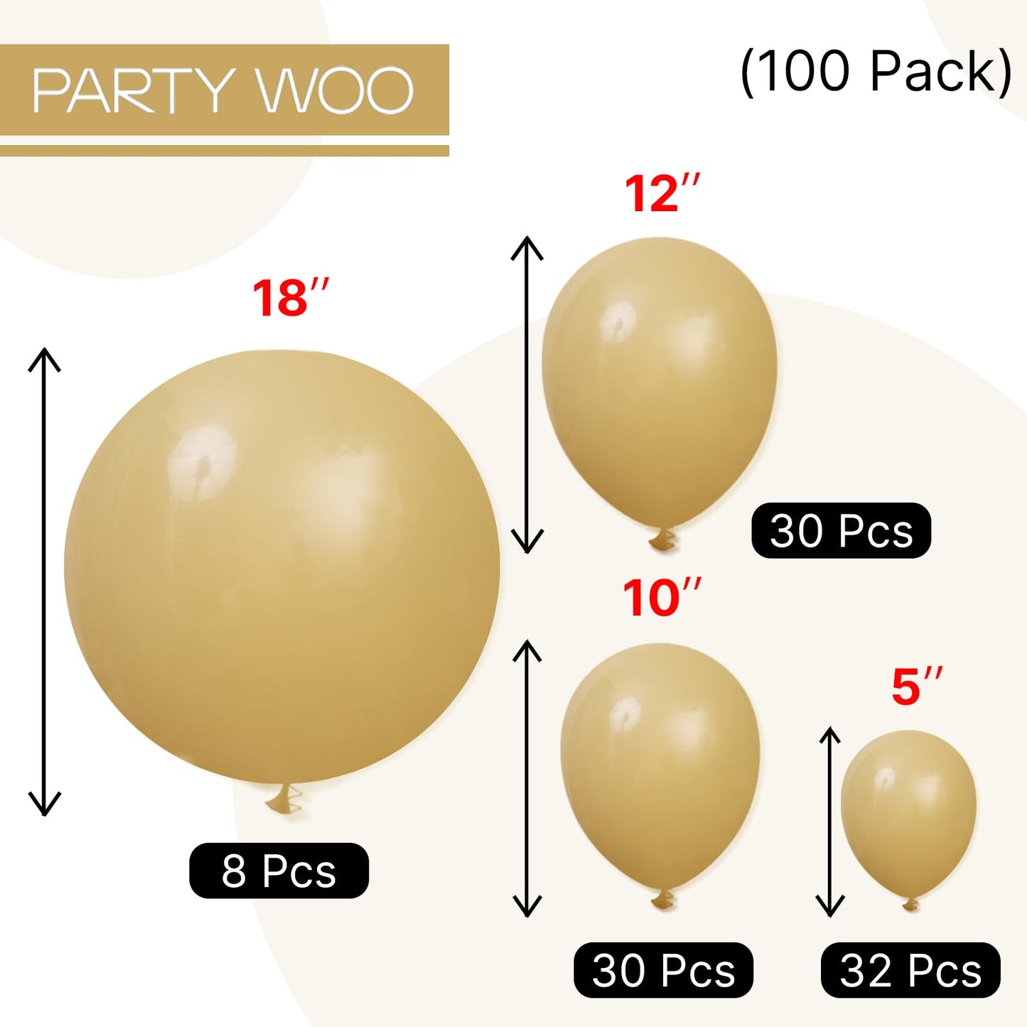 PartyWoo Tan Balloons 100 pcs Different Sizes of 18 12 10 5 Inch Light Brown Neutral Boho Coffee Balloon Arch Kit Garland for Wedding Baby Shower Safari Woodland Birthday Party Decorations Tan-F19