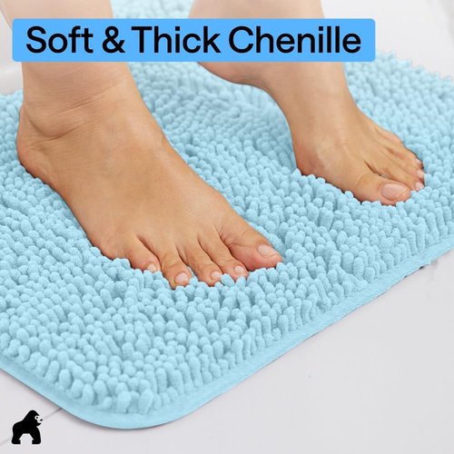 GORILLA GRIP Bath Rug Mat - Thick, Soft, Absorbent Chenille | Quick Dry Microfiber, 36x24, Sky Color