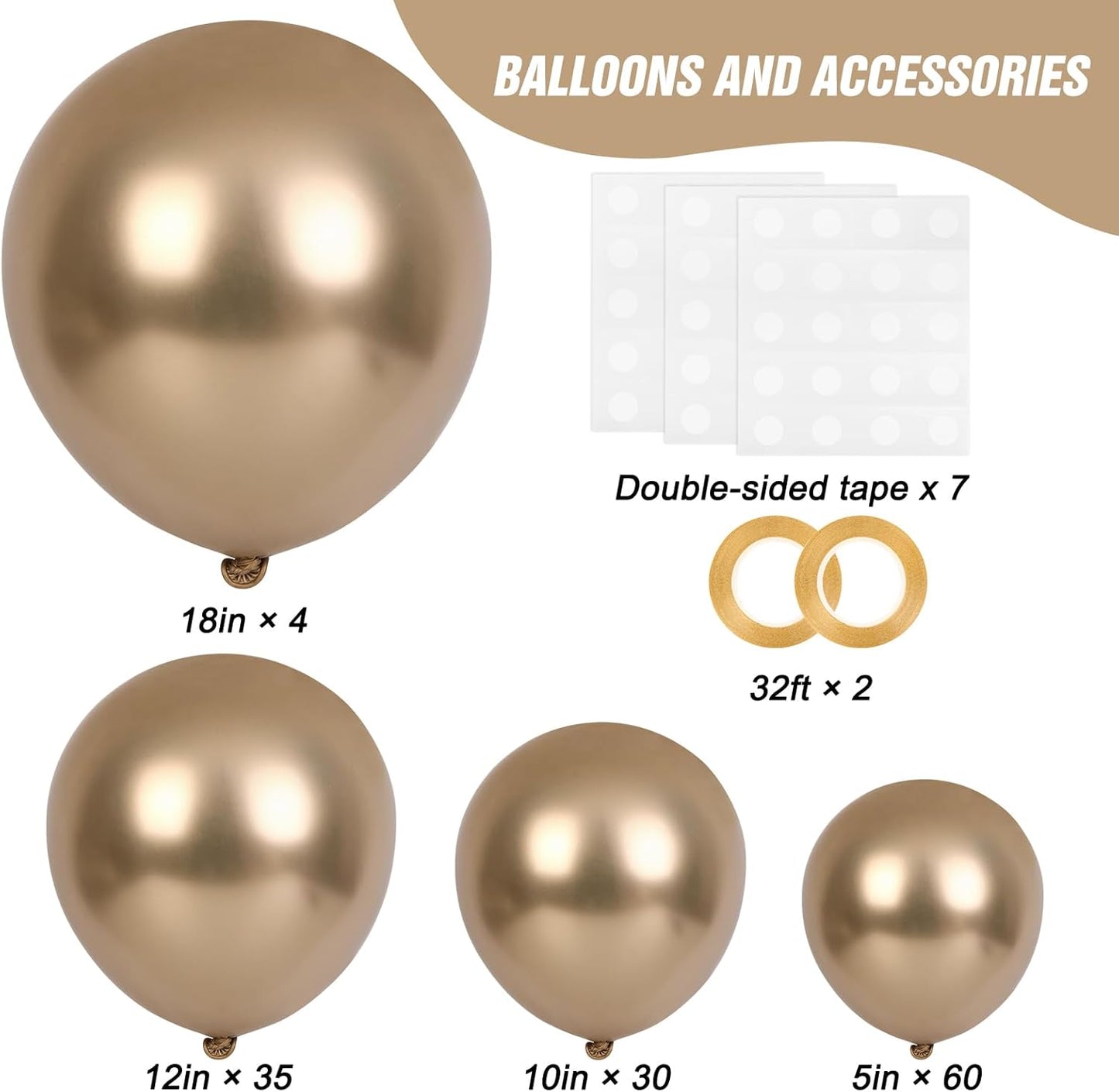 RUBFAC Chrome Gold Balloons - 129-Piece Latex Metallic Balloon Garland Kit for Graduation & Birthday Celebrations