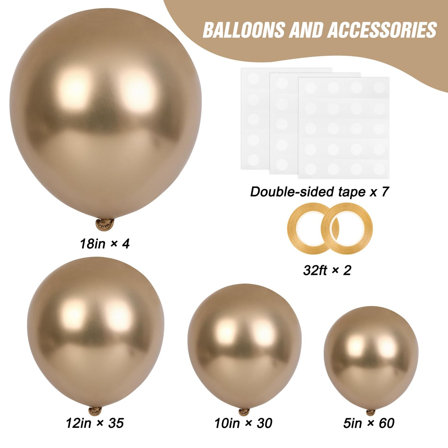 RUBFAC Chrome Gold Balloons 129pcs Different Sizes Pack of 18 12 10 5 Inch, Latex Metallic Gold Balloon Garland Arch Kit for Graduation Wedding Happy Birthday Party Decoration