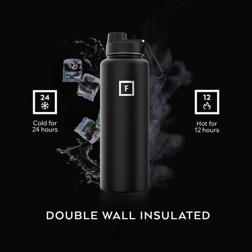 IRON °FLASK Camping & Hiking Hydration Flask with Spout, Wide Mouth Insulated Stainless Steel Sports Water Bottle - 40 oz Midnight Black