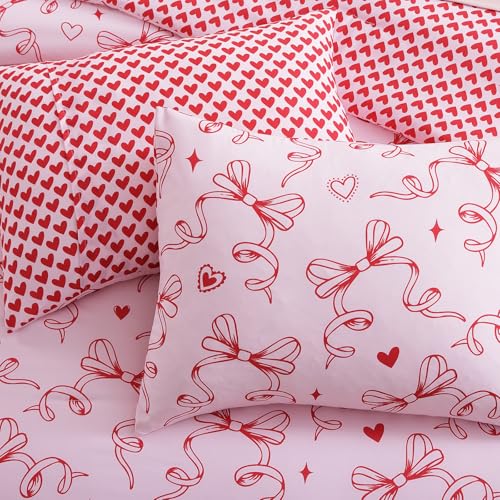 AMBERSPACE Red Bow & Heart Full Comforter Set for Girls - 7 Pieces, Aesthetic Bed in a Bag