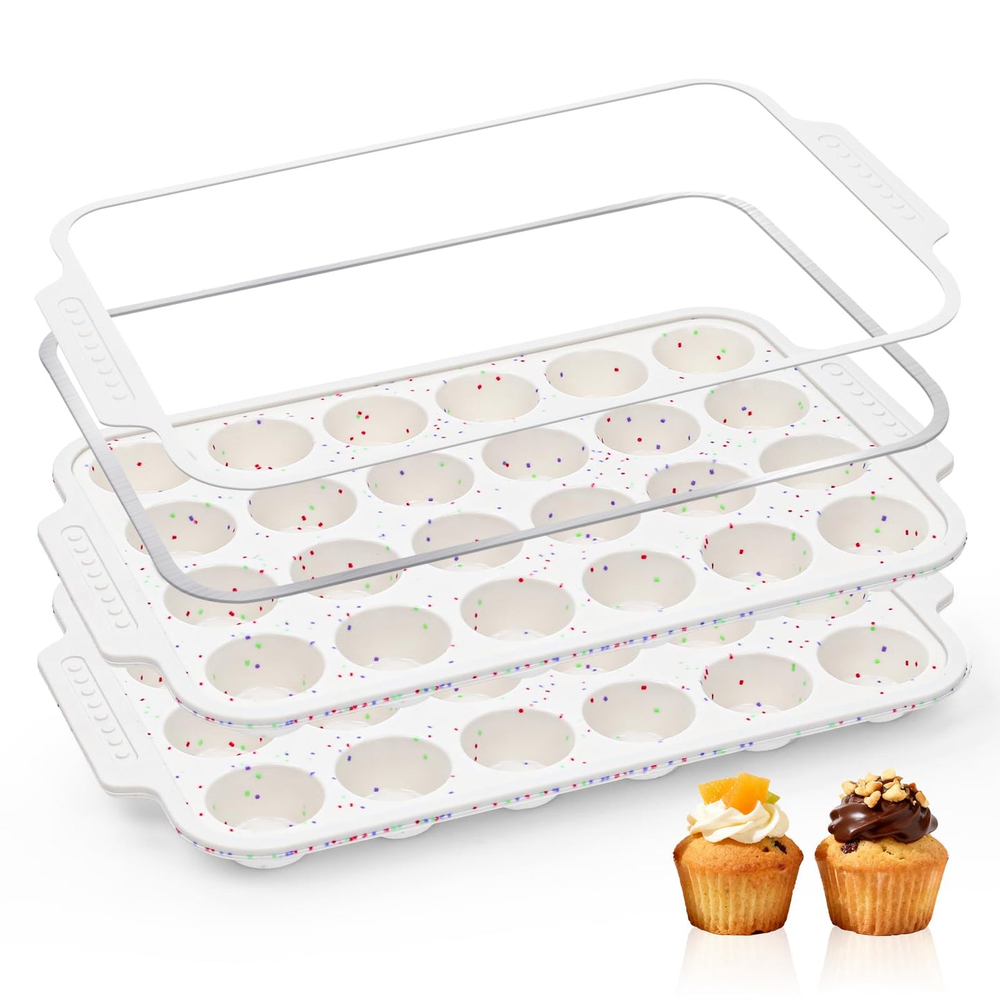 Vinino 2-Pack Silicone Mini Muffin Pan for Baking, 24 Cup Mini Cupcake Pan with Metal Reinforced Frame, Nonstick Muffin Tray with Non-Slip Handle, Silicone Molds for Oven, BPA Free, Dishwasher Safe