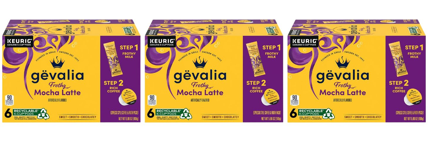 Gevalia, 2-Step K-Cup & Froth Packets, 6 Count, 5.6oz Box (Pack of 3) (Mocha Latte).
