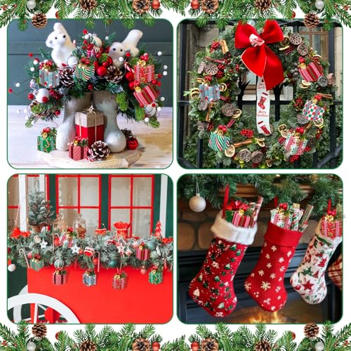 16 Pcs Christmas Tree Mini Gift Boxes - Colorful 8 Styles with Bells & Berries (2 each)