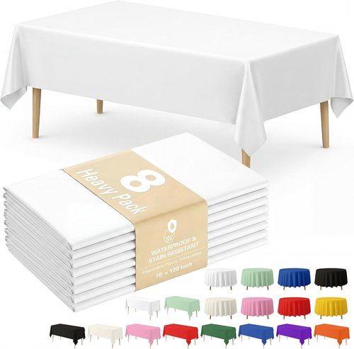 Fixwal Disposable White Plastic Tablecloth - Waterproof Rectangle 70 x 120 Inch | 8-Pack for Parties & Events