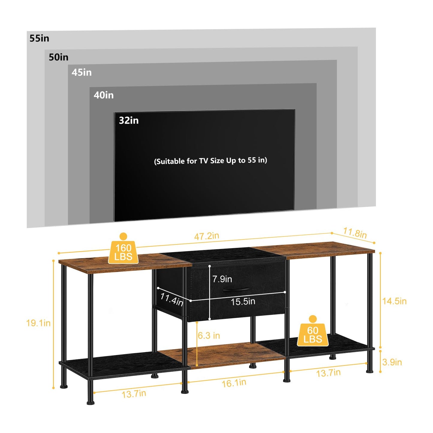 Vrisa TV Stand for 50/55 inch Television Entertainment Center with Storage Fabric Cabinet and Shelves Modern TV Console for Living Room Bedroom, Black+Grey
