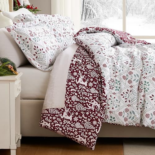 Holiday Harmony 3pc Duvet Cover Set Full/Queen – Reversible Floral Red White