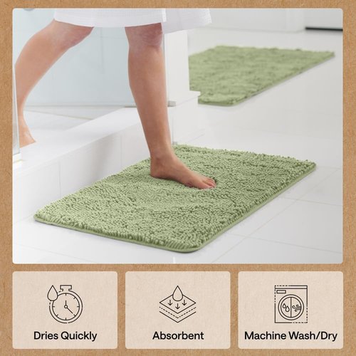 GORILLA GRIP Bath Rug Mat - Soft Absorbent Chenille | Quick Dry Microfiber, 30x20, Sage Green