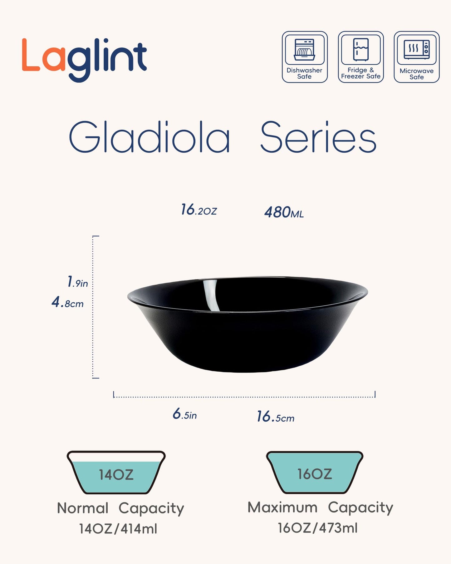 LaGlint 14 OZ (16 OZ MAX) White Opal Glass Cereal Bowl Set of 6, 6.5 inch Dishwasher & Microwave Safe Round Bowls for Soup, Salad and Rice