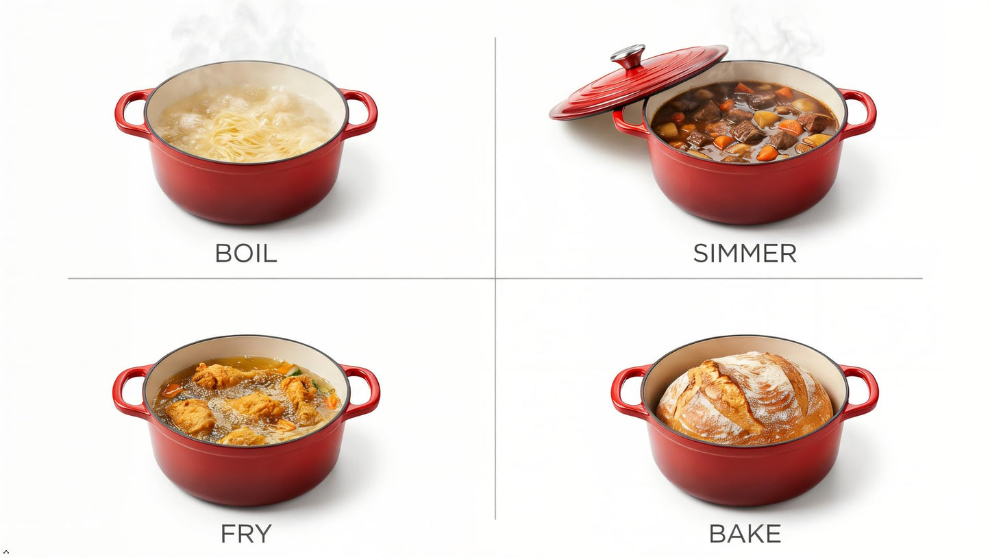 Klbra Rise Cast Iron Dutch Oven Pot with Lid – Deep Cooking Pot for Bread, Stews, Casseroles – Oven Safe Cookware, Kitchen Essential & Wedding Gift – Compatible with All Heat Sources (Red)