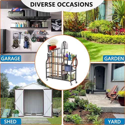 Black Garden Tool Organizer with Wheels - Multi-Tier Garage & Shed Storage, Side Hooks, 37.2 x 12.6 x 34.4 Inches
