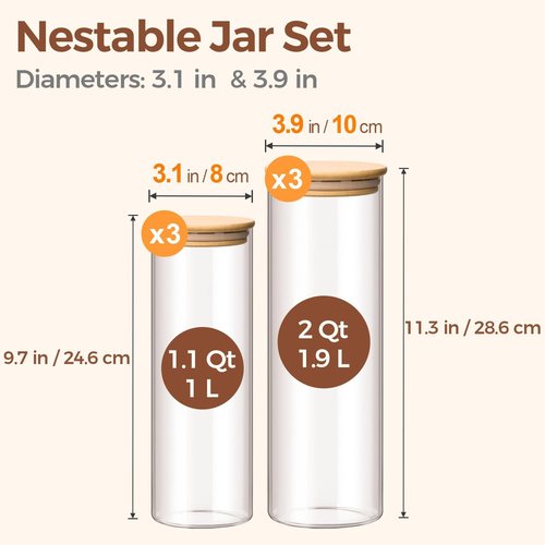ComSaf Glass Food Storage Jars - Set of 6 Tall Containers with Lids for Kitchen Organization | Ideal for Pasta, Flour, Nuts, and More