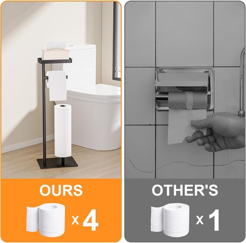 Freestanding Toilet Paper Holder Stand - Rustproof Metal Design with Weighted Base | Holds 4 Spare Rolls & Shelf for Phone