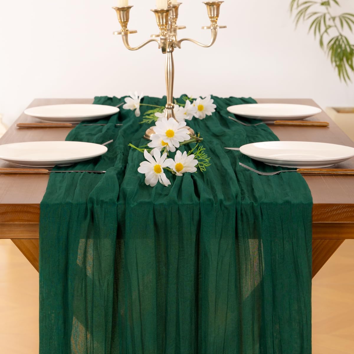 Socomi Emerald Green Cheesecloth Table Runner - 120 Inch Boho Rustic Decor for Weddings & Events