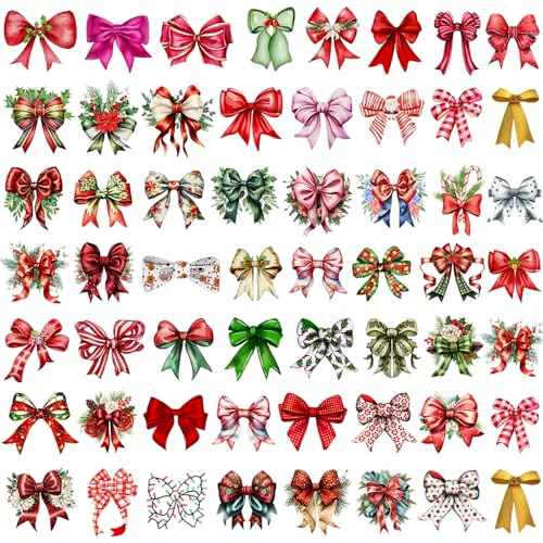 53 Pieces Christmas Decorative Bows Stickers for Crafts Scrapbooking Bottle Cup Waterproof Christmas Decals for Ornament Xmas Ball Window Stickers