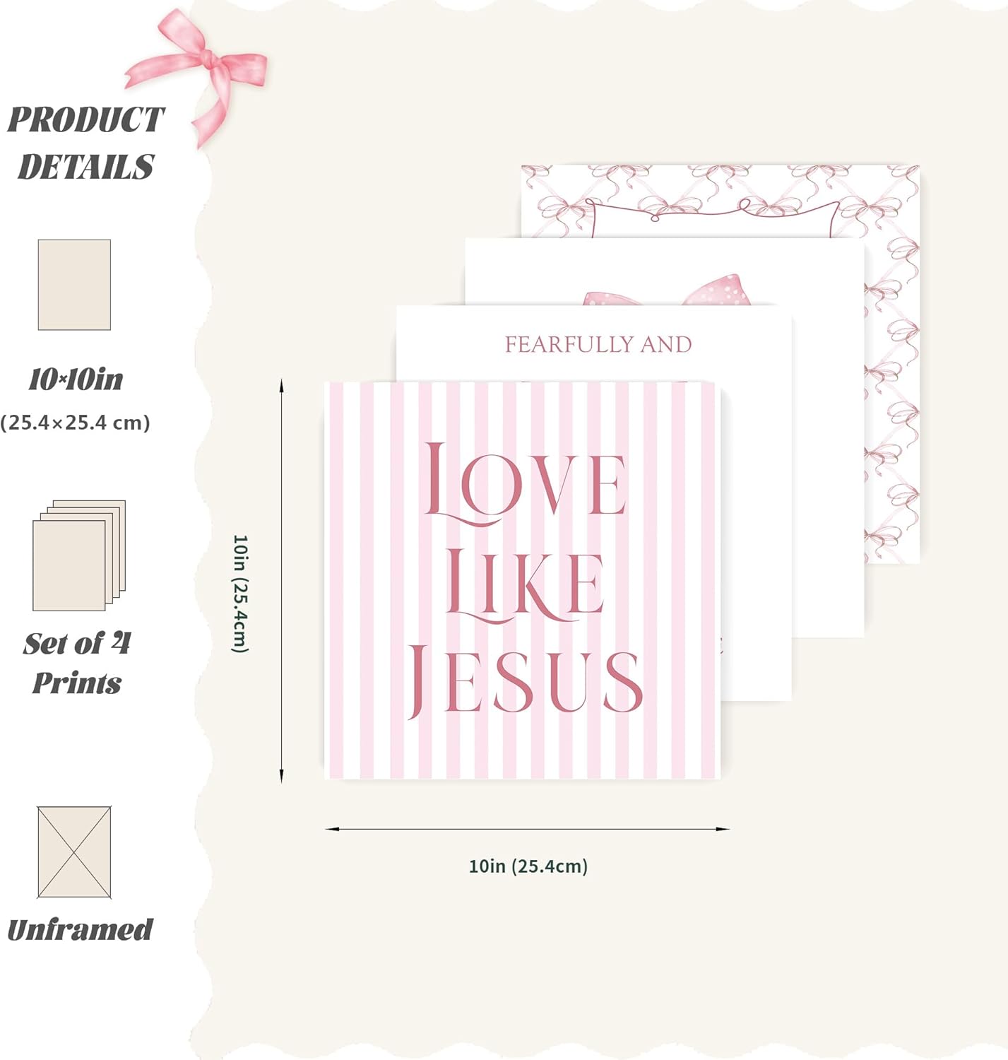 LARTSFRO Coquette Pink Bow Wall Art | Inspirational Christian Decor for Teen Girls | 10x10 Inch Set of 4 Unframed