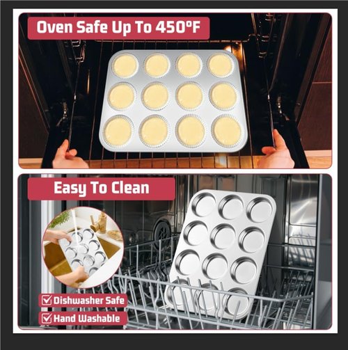 E-far Stainless Steel Muffin Top Pan - 12-Cavity Non-Toxic Bakeware for Yorkshire Pudding & More