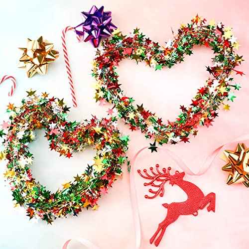 Boao 4 Rolls Christmas Star Wired Garland Xmas Metallic Glitter Star Tinsel Silver Golden Green Red Tinsel Garlands Christmas Tree Party Decorations, 98.4ft