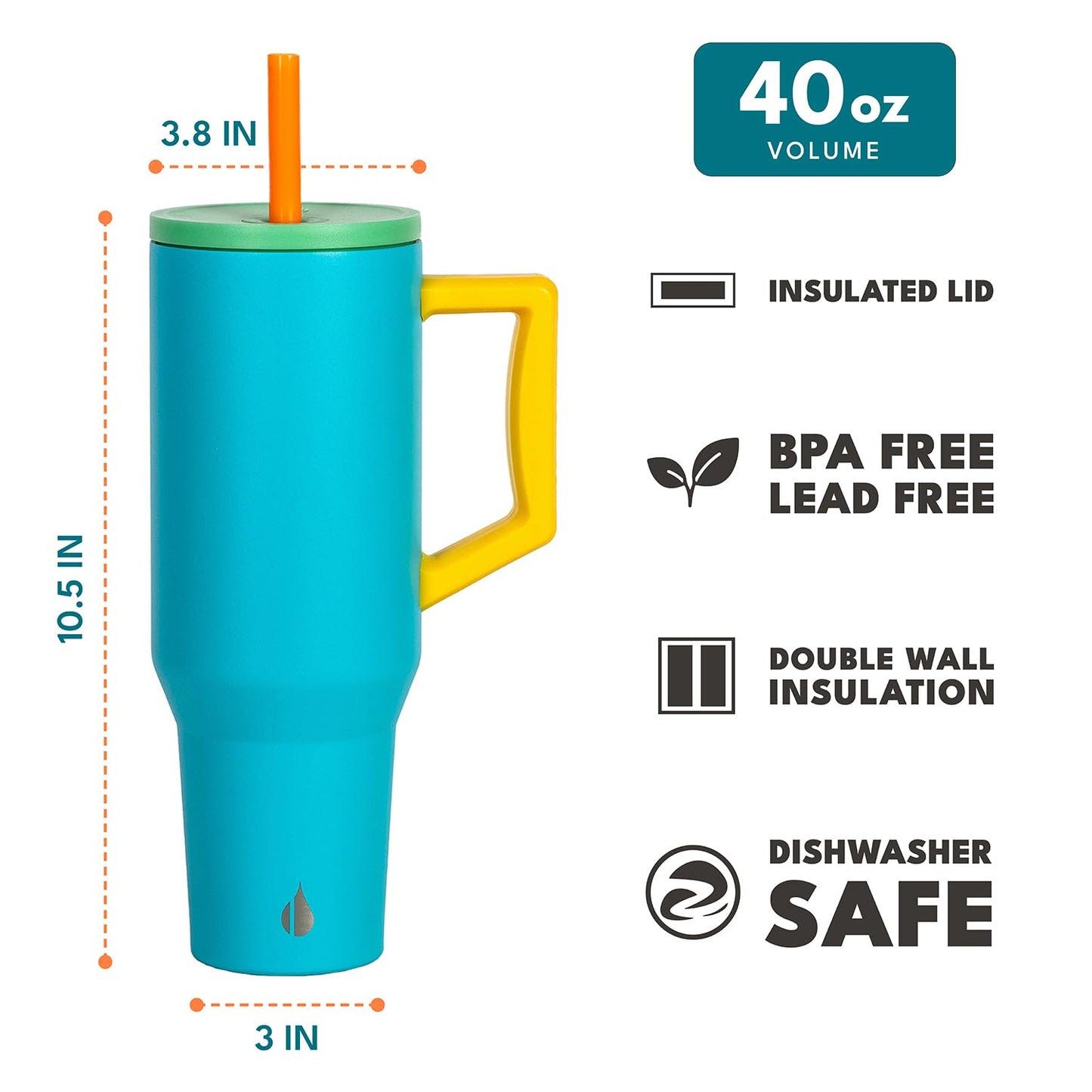 Elemental 40 oz Tumbler with Handle and Straw - Spill Proof Insulated Stainless Steel Commuter for Cold Beverages - Travel Coffee Mug with 2 Straws & Spill Proof Lid - 40oz- Blue Lagoon