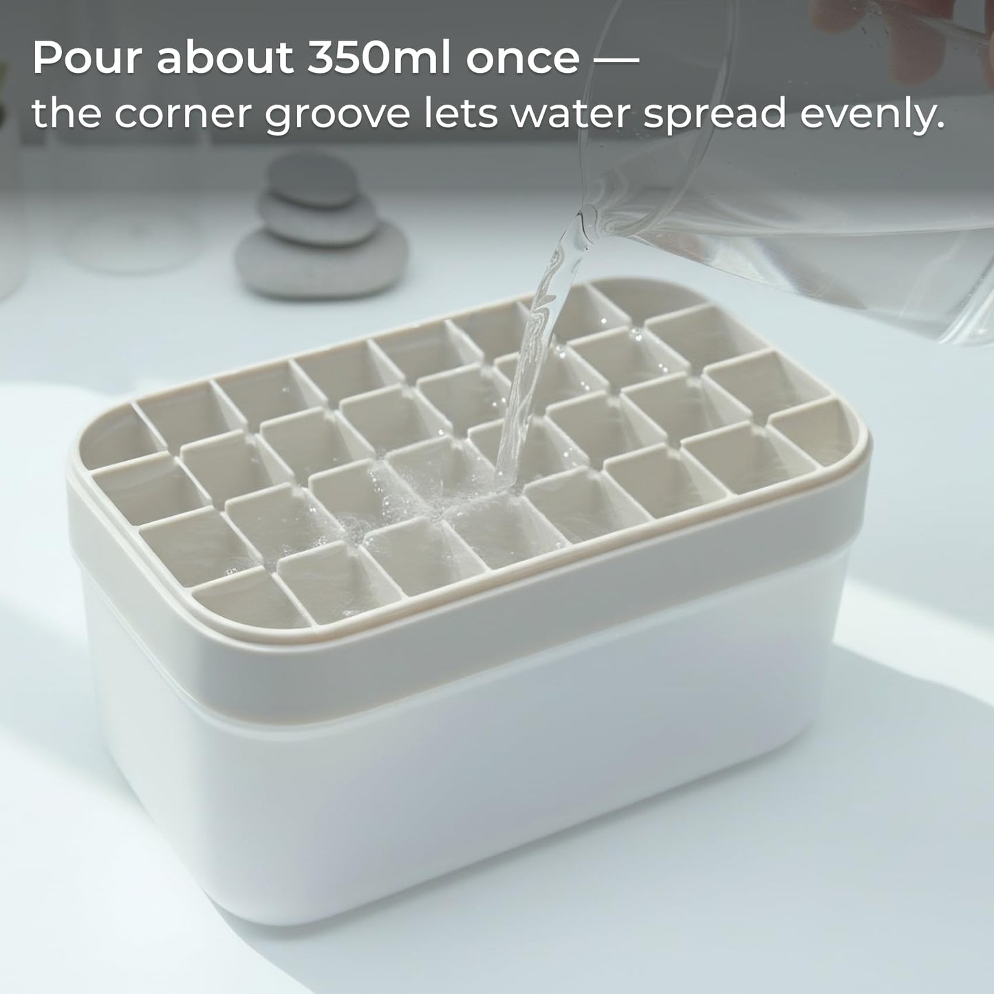 yuriya Ice Cube Tray Set with Lid & Bin, 2 Silicone Trays (32-Cube Each, 64 Total), Easy-Release, Stackable, Leak-Proof, Dishwasher Safe, Sand Beige