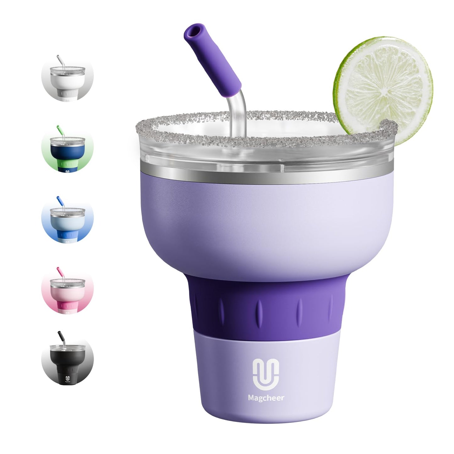magcheer 16 oz Cocktail Tumbler with Lid and Straw - Stainless Steel Insulated Margarita Tumbler - 320° Sippable Stemless Wine Cup for Party | Purple