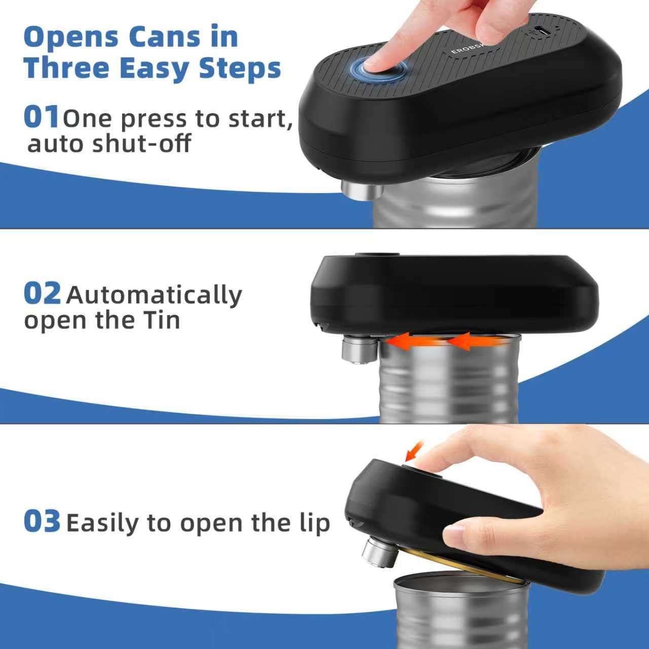 EROBSKJ Electric Can Opener, Rechargeable Can Openers for Seniors & Arthritis, One-Touch Automatic Can Opener, Hands-Free, Smooth Edge, Compact, Kitchen Gadgets