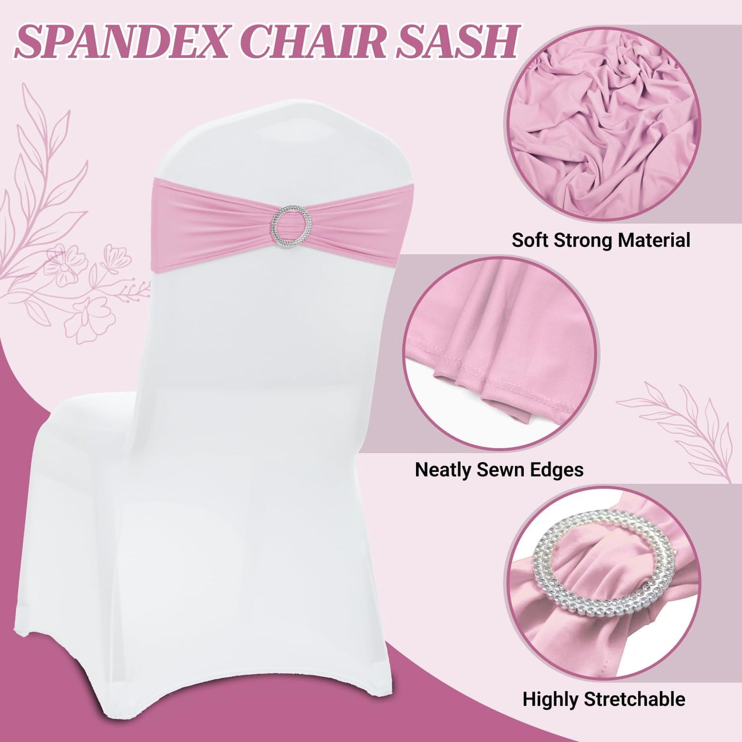 MDS Spandex Chair Sashes - Pack of 50 Elastic Stretch Bows with Buckle Slider | Blush Pink