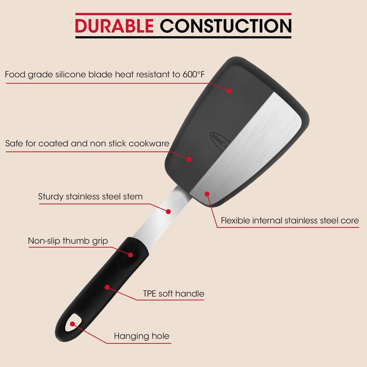 Unicook Silicone Spatula Set - 600°F Heat Resistant Turners for Flipping Eggs, Burgers & More | Black