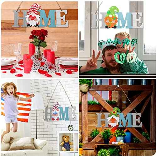 Interchangeable Gnome Home Sign Wood Fall Thanksgiving Door Decor Holiday Seasonal Decorations with 12 Pcs Changeable Gnomes for Christmas Halloween Home Wall Decor(Blue)