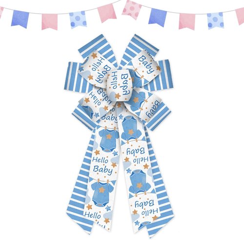 Estivaux Large Baby Shower Bows - Blue Striped Burlap Wreath Bows for Gender Reveal & Baby Boy Decor