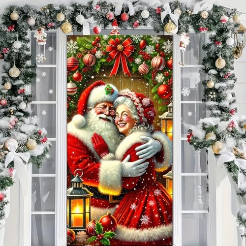 Christmas Door Cover Decoration - Santa & Mrs. Claus Backdrop, 71 x 35 Inch Hanging Cover, Funny Santa Banner for Christmas Party, New Year Photo Booth, and Holiday Decor