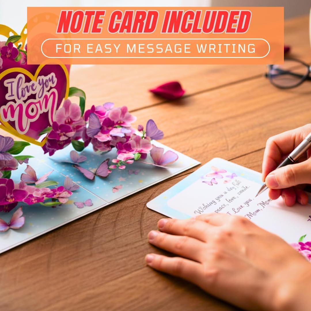 PIECE GIFT 3D Pop-Up Mother's Day Card - 'I Love You Mom' Orchid Flower Design | Premium Greeting Card with Envelope