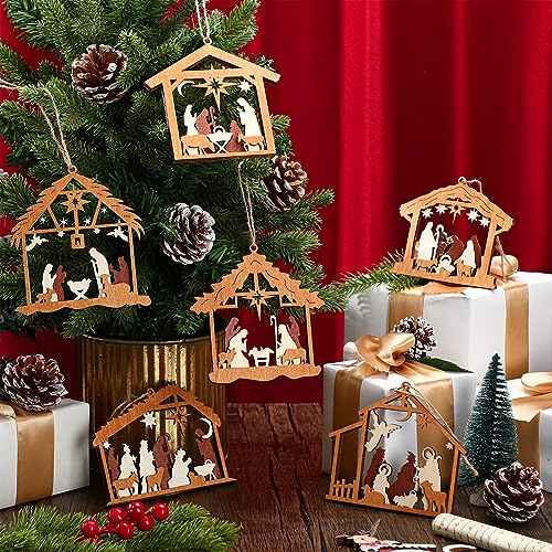 Bucherry 6 Pcs Wooden Nativity Scene Ornament for Tree Topper Decorations, Christmas Nativity Gifts for Christian Church Religious Friends Teachers Coworkers, Ornament(House)