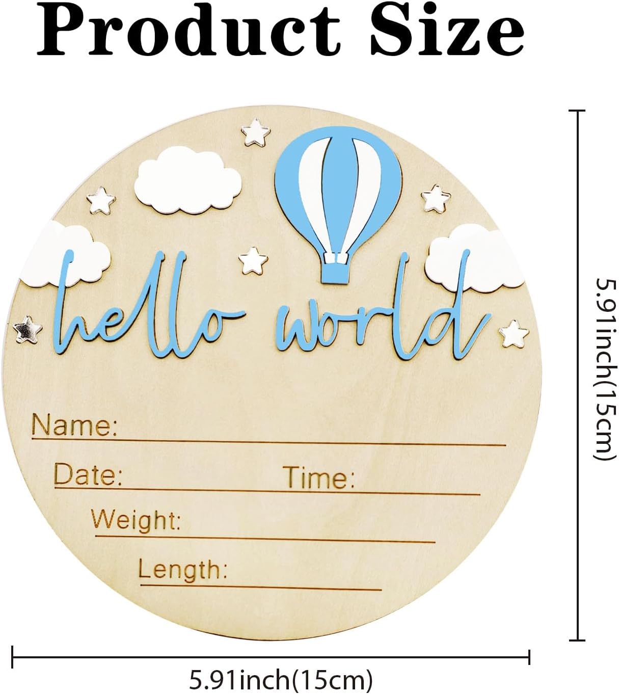 Skiennix Baby Announcement Sign - 5.9 Inch Wooden Hello World Newborn Sign with Hot Air Balloon & Cloud (Blue)